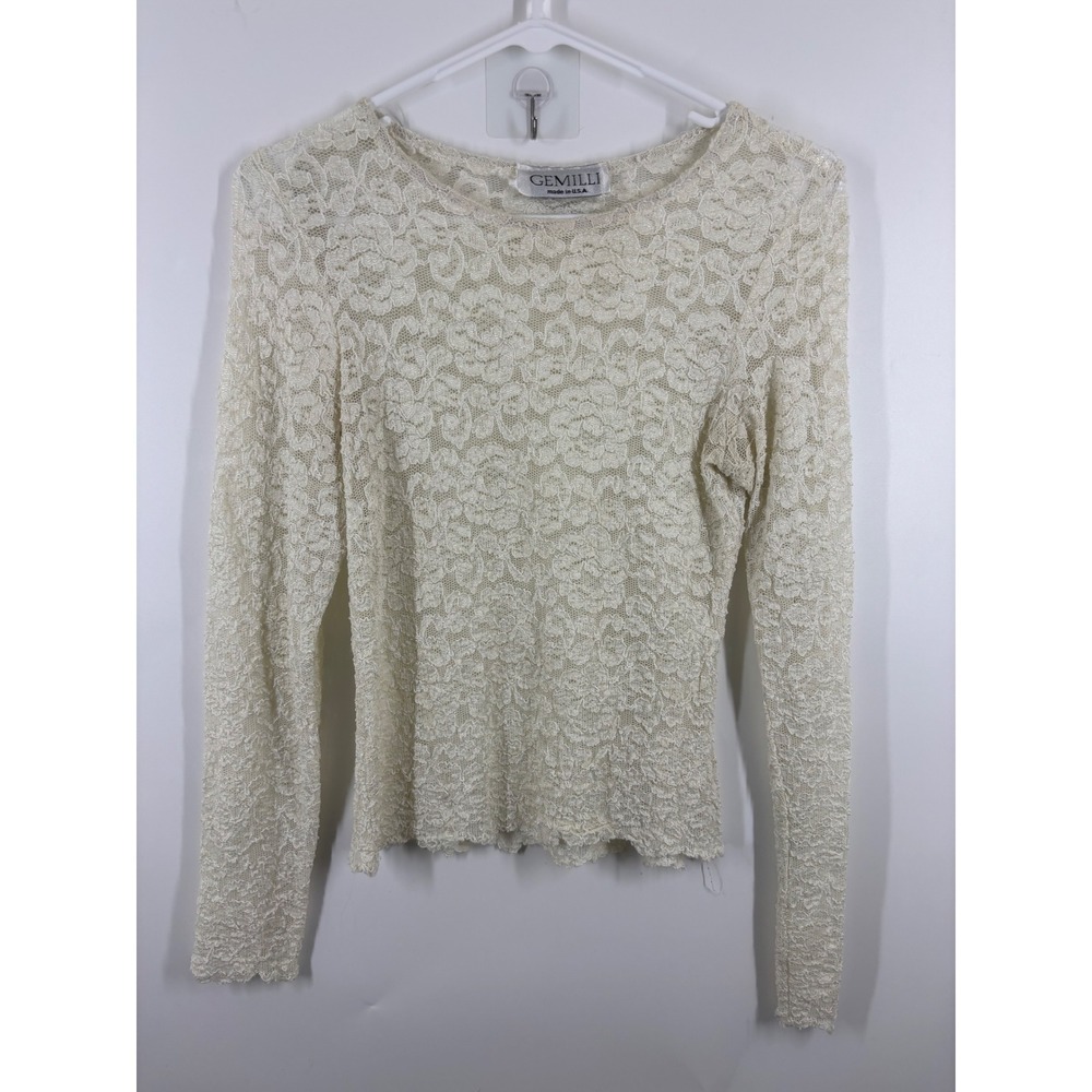 Gemilli Cream Ivory Floral Lace Long Sleeve Top Sheer Scoop Neck Made in USA